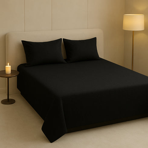 Midnight Black Flat Premium Cotton Bedsheet Set